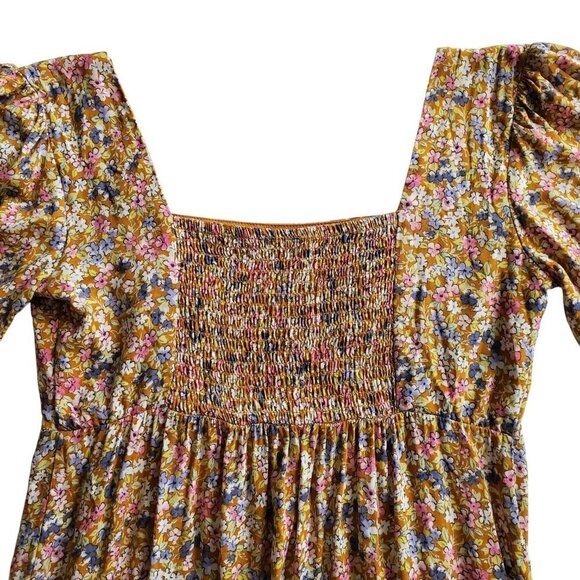 SO Cabin Fever Mustard Multi Floral Midi Dress Tiered Ruffle Hem Cottagecore M - Picture 5 of 16